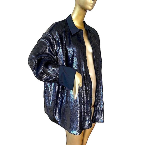 Size 1x NWT black, sequin shirt, jacket, Kahler, and cuffs, hidden button down - Picture 1 of 7